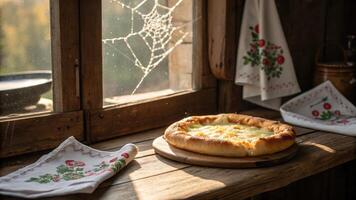 Golden, baked khachapuri, a Georgian cheese bread, is ready to be enjoyed on a wooden table. photo