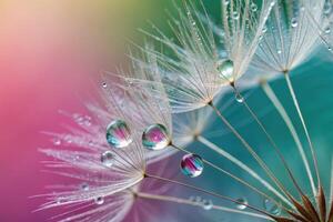 A stunning close up of dandelion seeds glistening with water droplets. photo