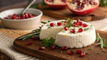 A beautiful plate of Georgian cheese, adorned with pomegranate and herbs, ready to be enjoyed. photo