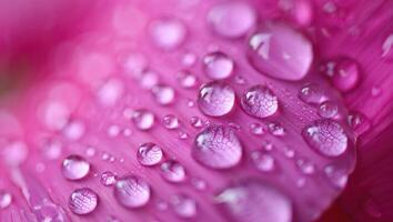 A close up shot of water droplets on a pink flower petal, beautifully detailed. photo