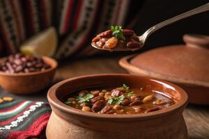 Close up of Lobio, a savory Georgian bean soup, ready to be served in a rustic setting. photo