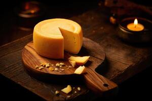 Georgian cheese wheel is elegantly presented on a rustic wooden board, ready to be enjoyed. photo