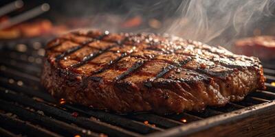 Grilled steak on a BBQ grill photo