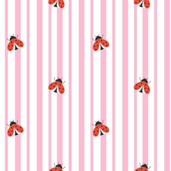 Seamless ladybug pattern on striped grass background. Funny cartoon bug print for kids, nursery, fabric, wrapping. vector