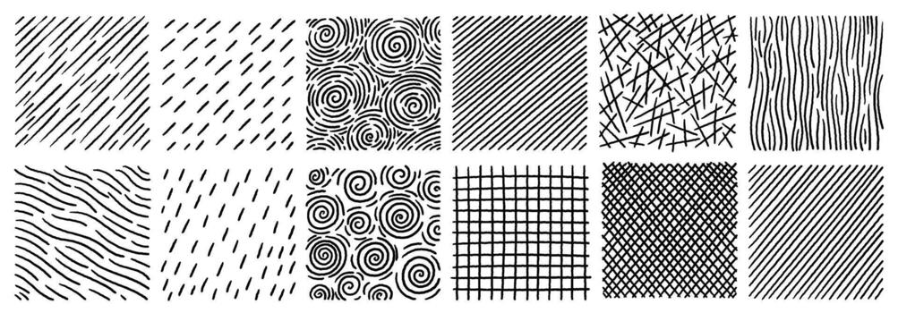 Hand drawn black and white crosshatch textures set with lines dots and grids isolated on white vector