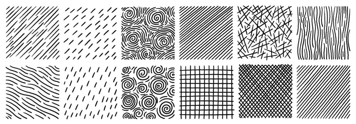 Hand drawn black and white crosshatch textures set with lines dots and grids isolated on white