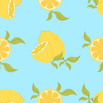 Seamless pattern with lemons, lemon wedges, slices on turquoise background. A vibrant Mediterranean citrus design in a flat style. vector