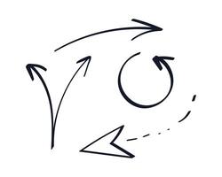 Set of Arrows drawn with marker. Curved, circular, dotted and branched Directions. Circulation. Linear Refresh icon. Forked. Collection of sketches for notes, infographics. illustration. vector
