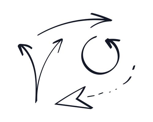 Set of Arrows drawn with marker. Curved, circular, dotted and branched Directions. Circulation. Linear Refresh icon. Forked. Collection of sketches for notes, infographics. illustration.