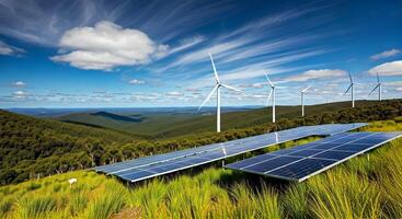 Solar panels and wind turbines in the mountains photo