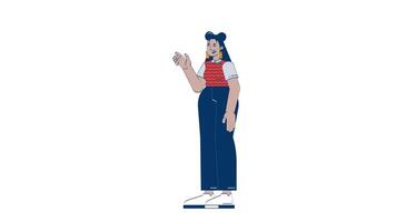 Smiling latin american female employee waving 2D character doodle animation. Latina office worker with earrings and sweater vest animated person on white background. Cartoon 4K drawing video