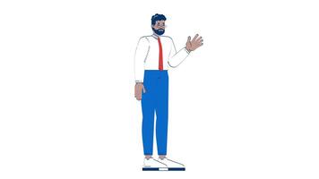 Bearded black male employee greeting 2D character doodle animation. African american man in office attire raising hand hello animated person on white background. Cartoon 4K drawing video