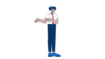 Friendly latino male office worker explaining with gesture 2D character doodle animation. Cheerful hispanic man business casual animated person on white background. Cartoon 4K drawing video