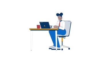 Black woman typing on laptop and talking with speech bubble 2D character doodle animation. Remote work. African american office worker animated person on white background. Cartoon 4K drawing video