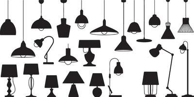 Black Silhouettes of Various Lamps and Lighting Fixtures on White Background vector
