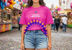 uma vibrante Rosa t camisa brincar com uma colorida geométrico Projeto desgastado de uma modelo às uma carnaval psd