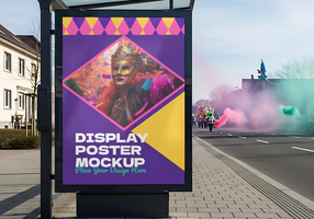 uma vibrante ônibus Pare poster brincar apresentando uma mascarado carnaval figura contra uma pano de fundo do colorida fumaça psd