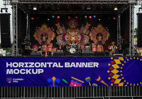 uma colorida carnaval banda executa em etapa dentro frente do uma horizontal bandeira brincar psd