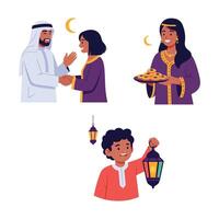Arabic people celebrating ramadan with food and lanterns vector