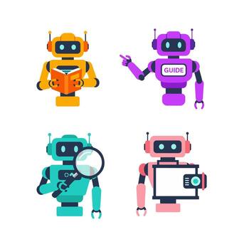 cuatro robots con diferente colores y tamaños vector