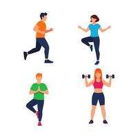 Four people doing different exercises in different poses vector