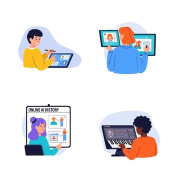 Four different images of people working on computers vector