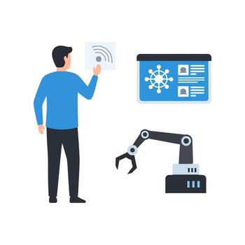 Man using robot to control computer screen, flat design illustration vector