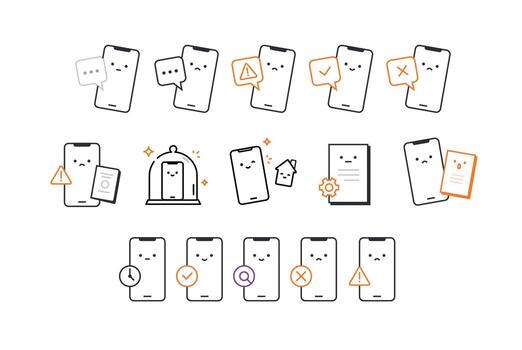 Icons for phones, bells, and notifications. Linear style. A set of icons for design projects. Lively and cute characters with human faces. vector