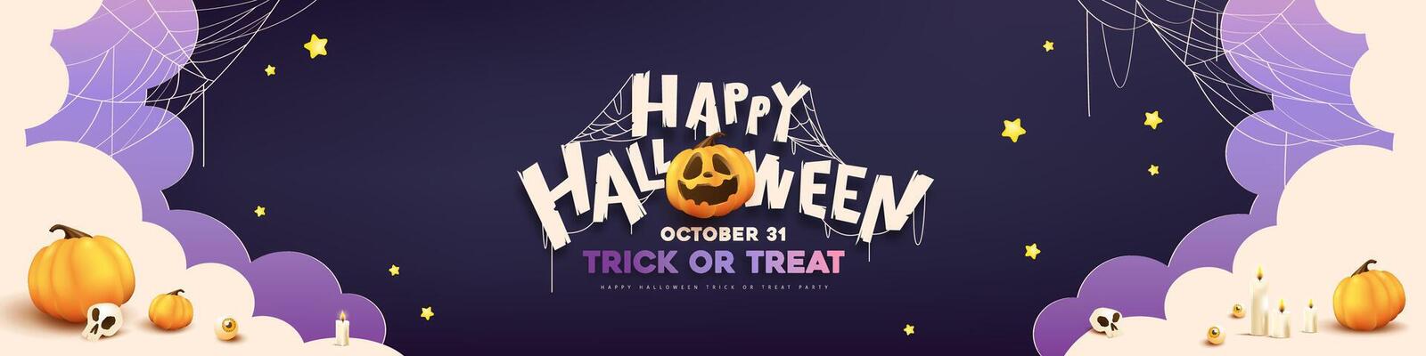Halloween banner background with pumpkins, spider webs and bold typography trick or treat message in purple theme