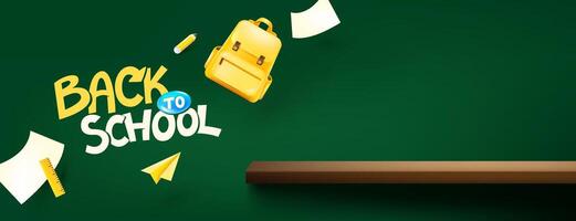 Back to school banner with playful typography and school supply elements on chalkboard background with empty wooden shelf for header text vector