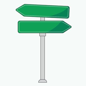 Flat style illustration of a green road signpost with two arrows pointing in opposite directions. Ideal for travel, maps, road guide projects, or navigation concepts. vector