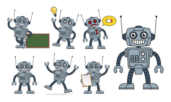 Set of Happy Robot Mascot in Various Pose