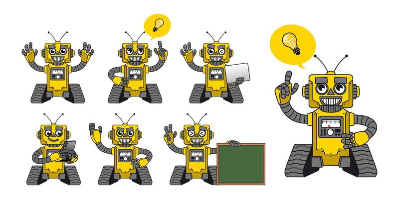 Set of Happy Robot Character in Various Pose
