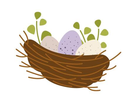 pájaro nido de pequeño leña menuda con huevos dentro plano icono vector