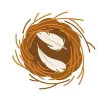 Bird nest of small twigs with feathers flat icon vector