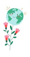 Cartoon earth with flowers flat icon vector