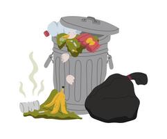 Metal trash can fill of waste flat icon vector