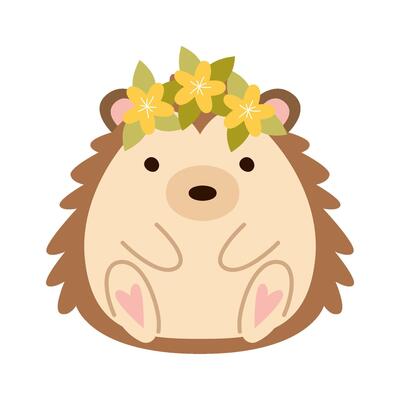 Pretty hedgehog with floral wreath flat icon Zoo animal
