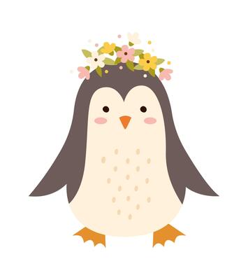 Pretty penguin with floral wreath flat icon Zoo animal