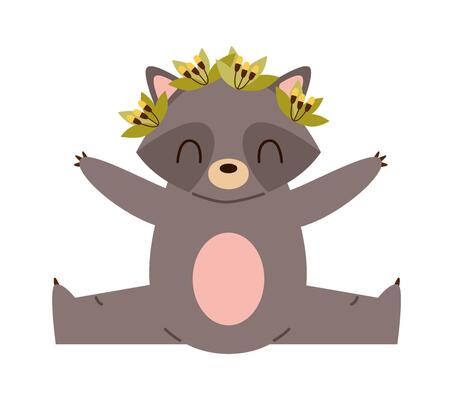 Pretty raccoon with floral wreath flat icon Zoo animal