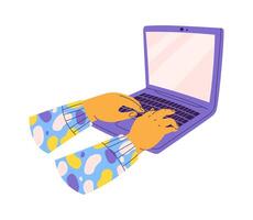 Hands working on laptop flt icon Online communication Illustration vector