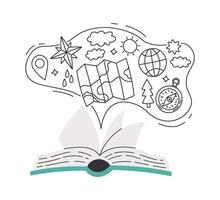 Open geographical lesson book with flying elements flat icon vector