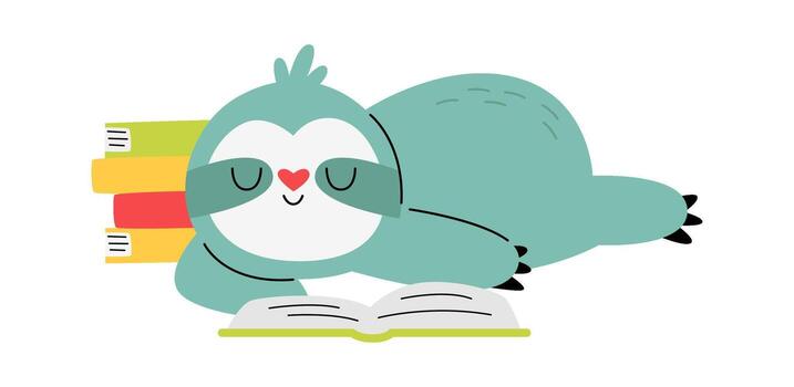 Funny lazy sloth read book flat icon vector