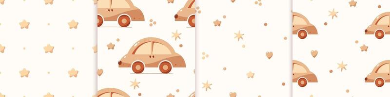 Set of four seamless Bohemian baby patterns with car toys, hearts and circles. vector