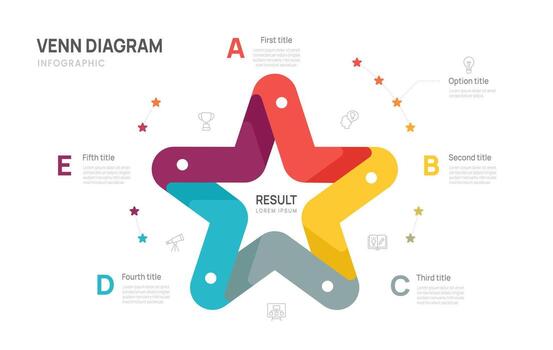 Venn diagram business infographic star chart template 5 steps options, presentation with venn diagram elements illustration. vector