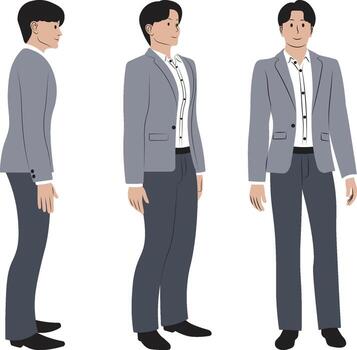 Businessman Characters in Standing Poses, Front and Side Views. vector