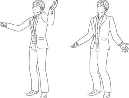 Happy Businessman Character in Joyful and Relaxed Poses, line art style. vector