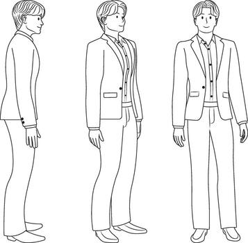 Businessman Characters in Standing Poses, Front and Side Views, line art style. vector