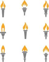 Collection of nine stylized torches with bright flames vector