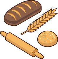 Bakery essentials bread wheat and rolling pin illustration vector